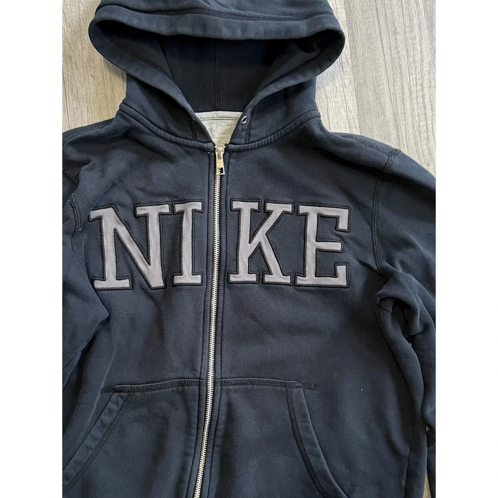 Nike Hoodie Mens Medium Black Full Zip Sweatshirt Logo 446576 Fleece Lined Y2k